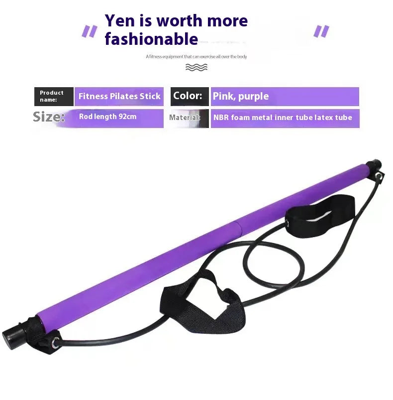 Home Sweet Home Pilates Stick Fitness Bar with adjustable design and elastic resistance bands for full-body exercise.