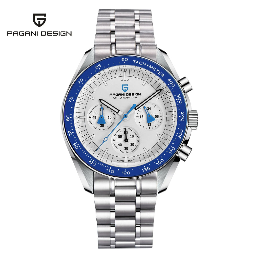 PAGANI DESIGN Moonwatch chronograph watch with black dial and stainless steel band, detailed close-up image showing watch face and features