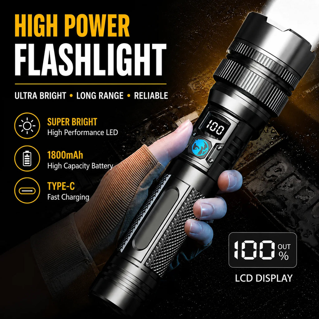 Super Bright Rechargeable LED Torch – Zoomable, Waterproof & Digital Display