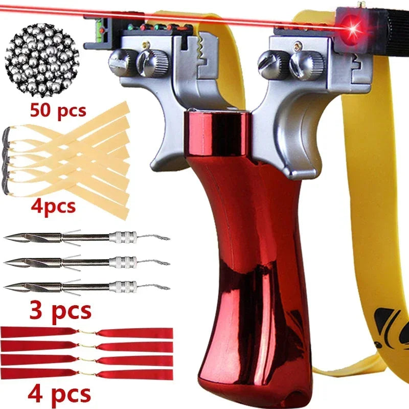 Laser slingshot with LED light and precision aiming from Home Sweet Home, featuring a sturdy handle and adjustable sights.