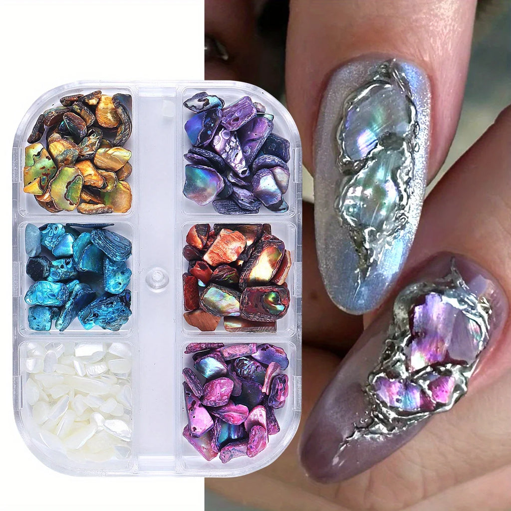 Aurora Abalone Shell Nail Art Decoration Set with six-grid pearl gemstone kit, perfect for elegant manicures and nail embellishments.