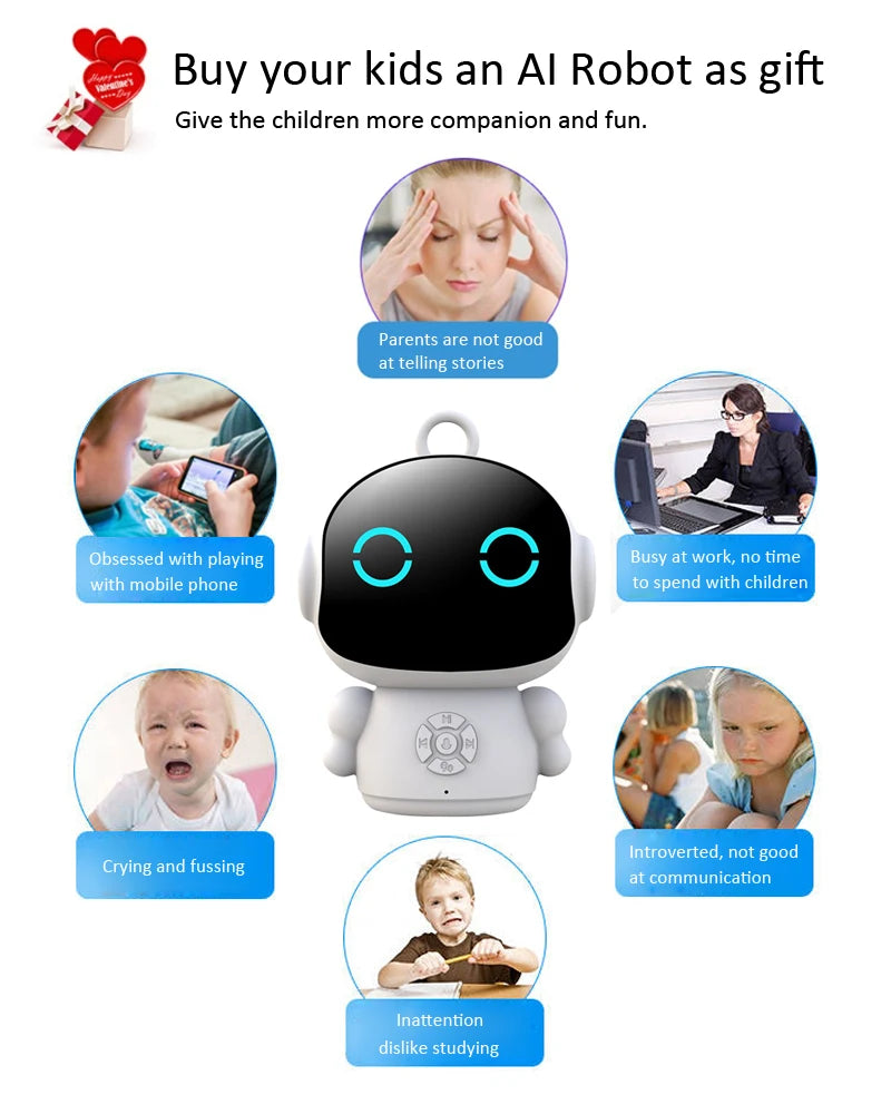 Home Sweet Home Smart AI Robot with voice interaction, ChatGPT, and multilingual learning features, displaying a friendly robot figure.