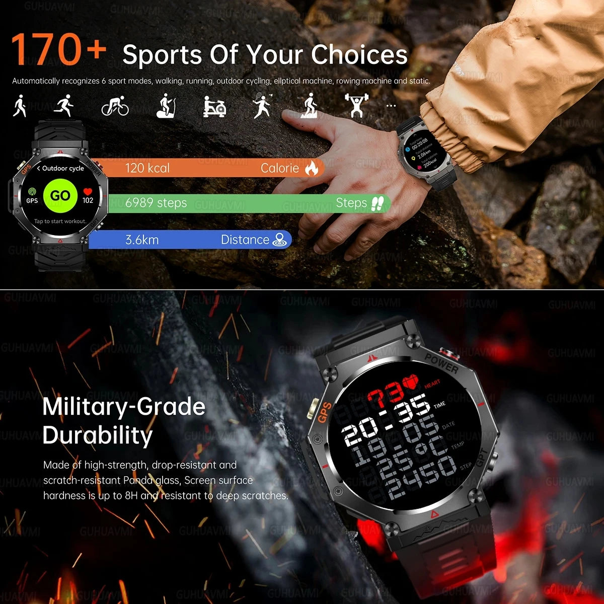 Military Grade GPS Smart Watch – IP69K/10ATM Waterproof AMOLED, 100+ Sports Modes, HD Bluetooth Calls
