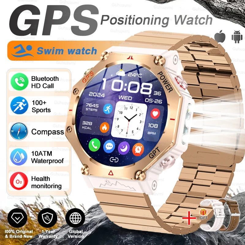 Military Grade GPS Smart Watch – IP69K/10ATM Waterproof AMOLED, 100+ Sports Modes, HD Bluetooth Calls