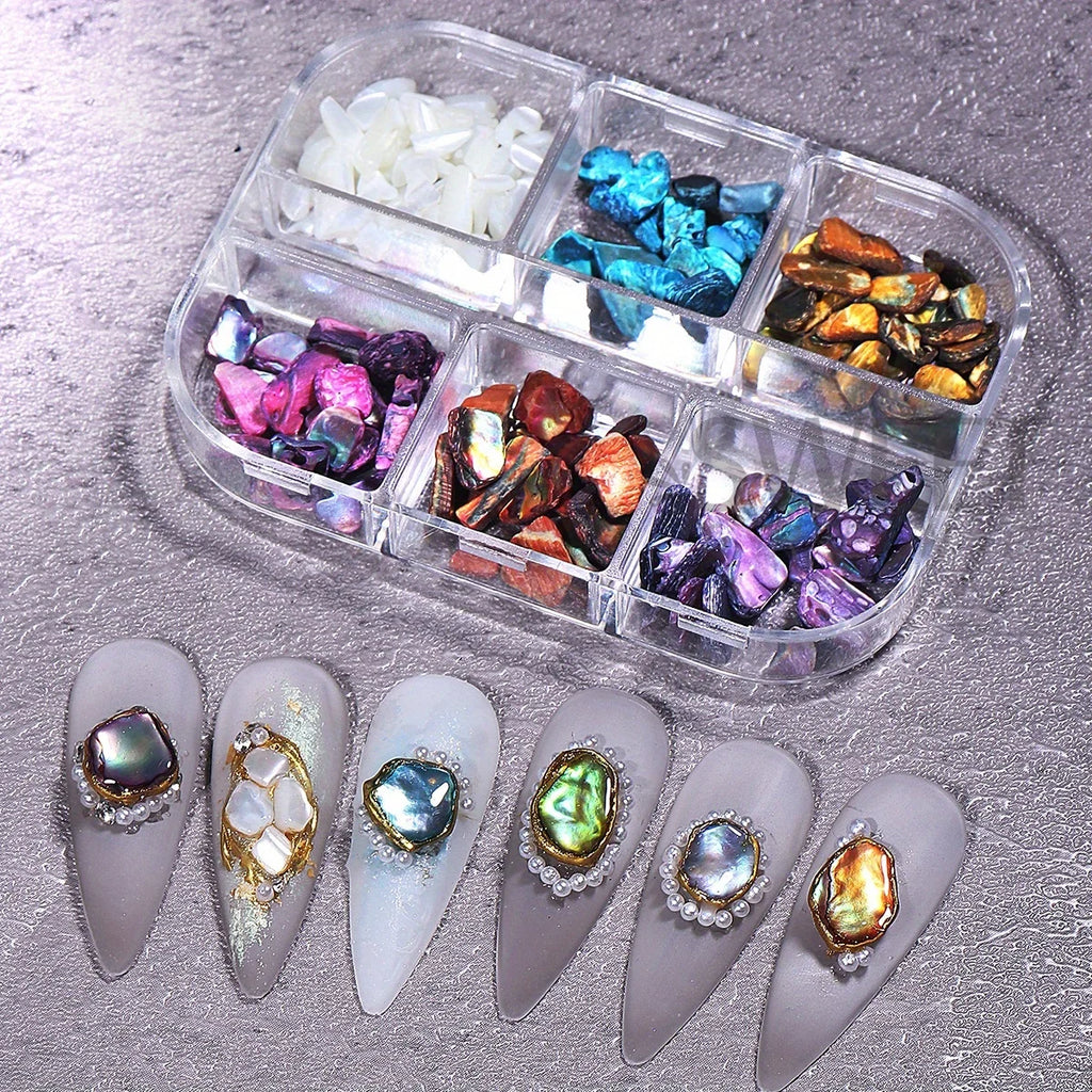 Aurora Abalone Shell Nail Art Decoration Set with 6-grid pearl gemstone kit, featuring iridescent abalone shells and decorative pearls for nails.