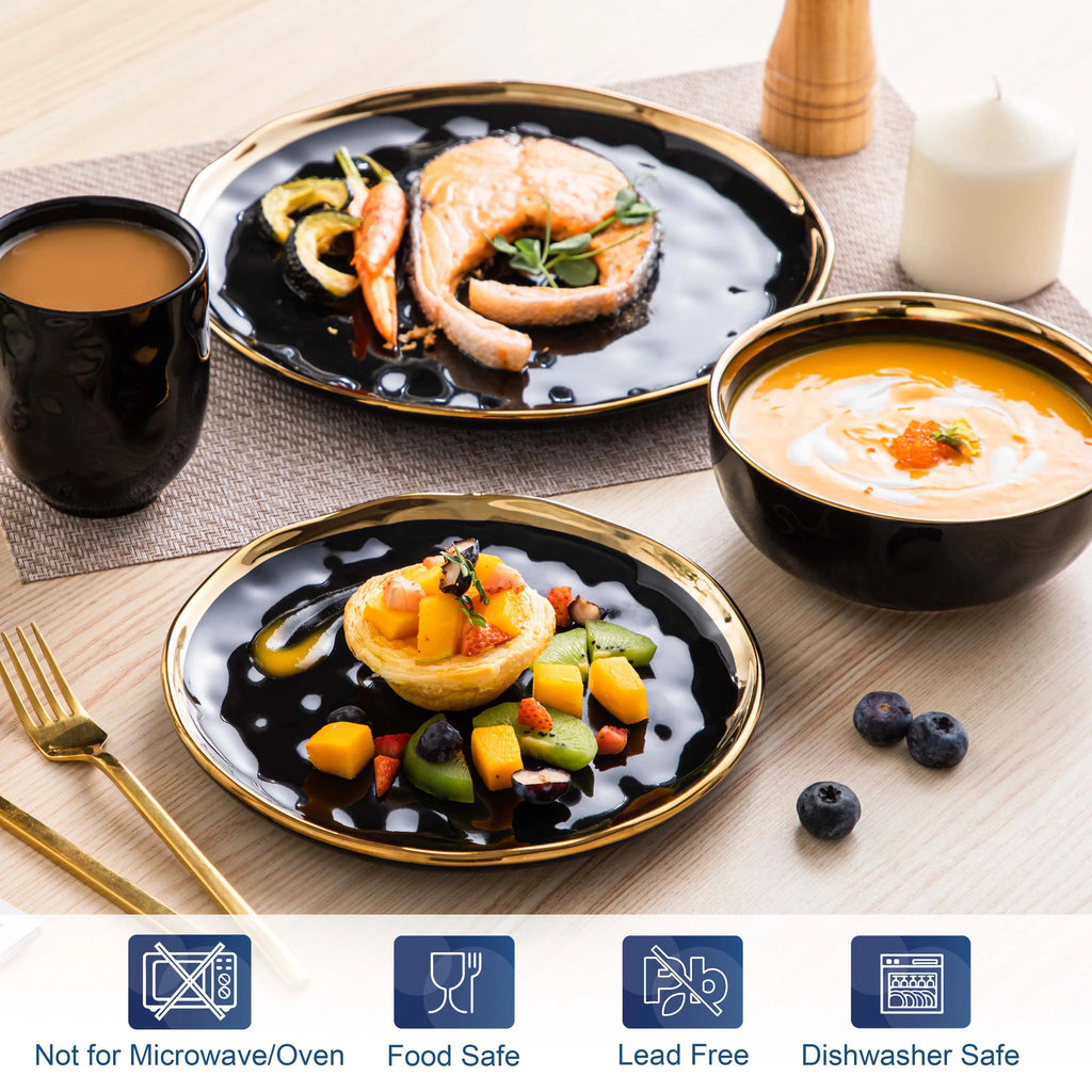 LOVECASA Black Porcelain Dinnerware Set with Gold Trim – 16 & 32 Piece