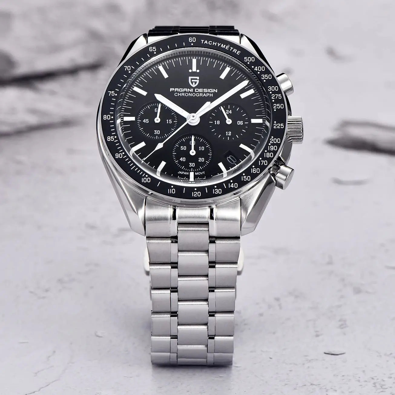 PAGANI DESIGN Moonwatch Chronograph Watch with black dial and stainless steel band, close-up of the stylish timepiece.