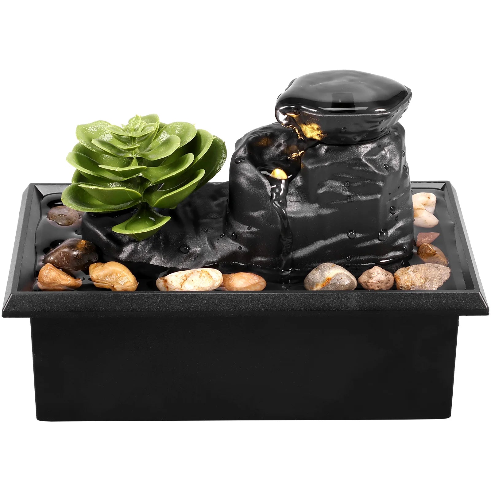 Home Sweet Home tabletop waterfall fountain with gentle LED lights, featuring flowing water and a decorative stone design.