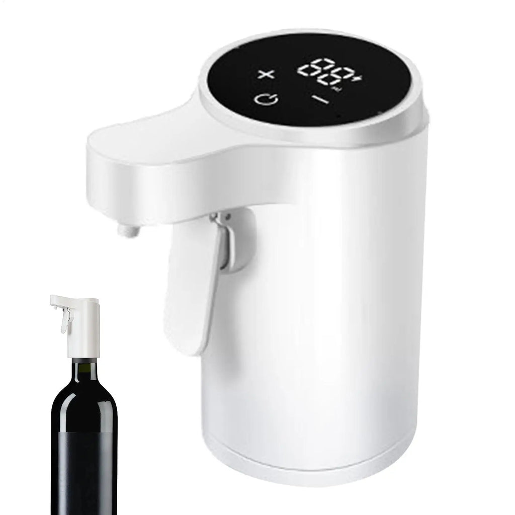 Electric wine aerator and dispenser with touch screen, 4 pouring modes, by Home Sweet Home, shown with wine glasses.