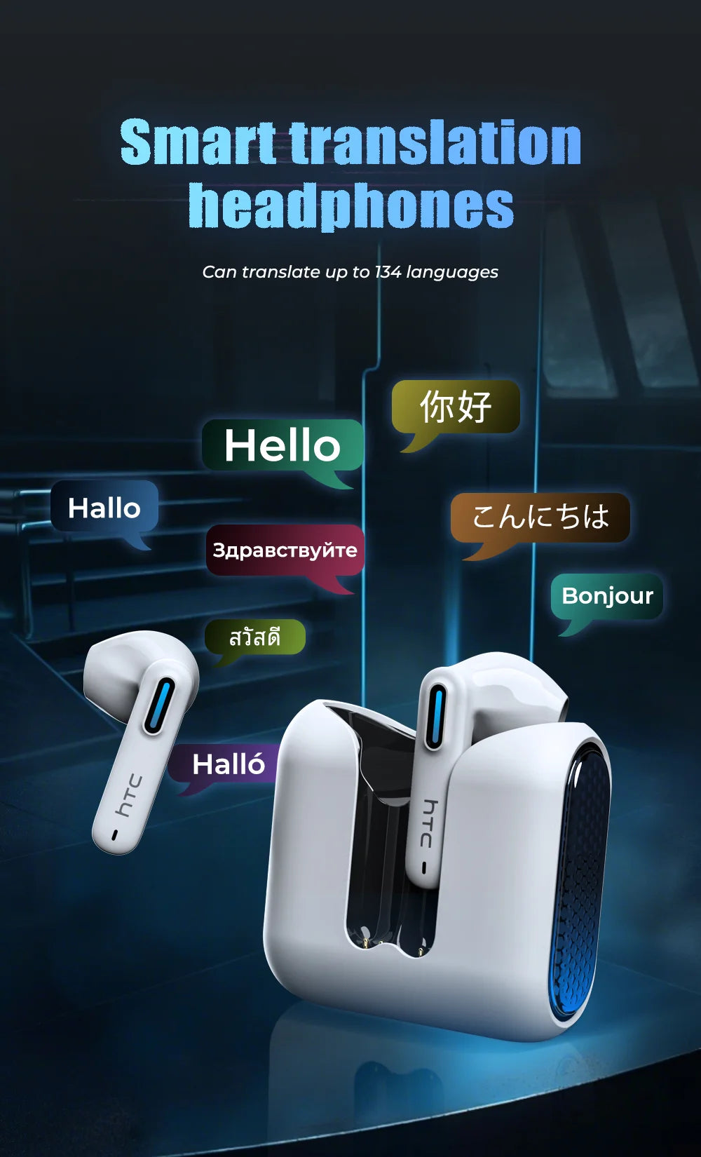 HTC NE49 AI Translator TWS Earbuds | Bluetooth 6.0 | 135 Languages | Gaming & HiFi
