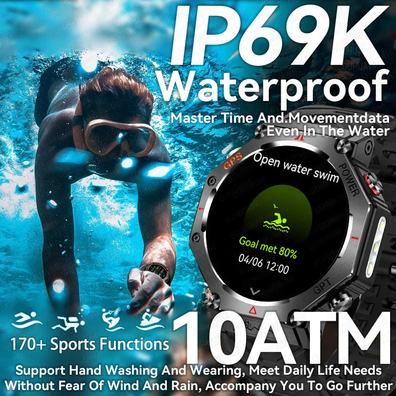 Military Grade GPS Smart Watch – IP69K/10ATM Waterproof AMOLED, 100+ Sports Modes, HD Bluetooth Calls