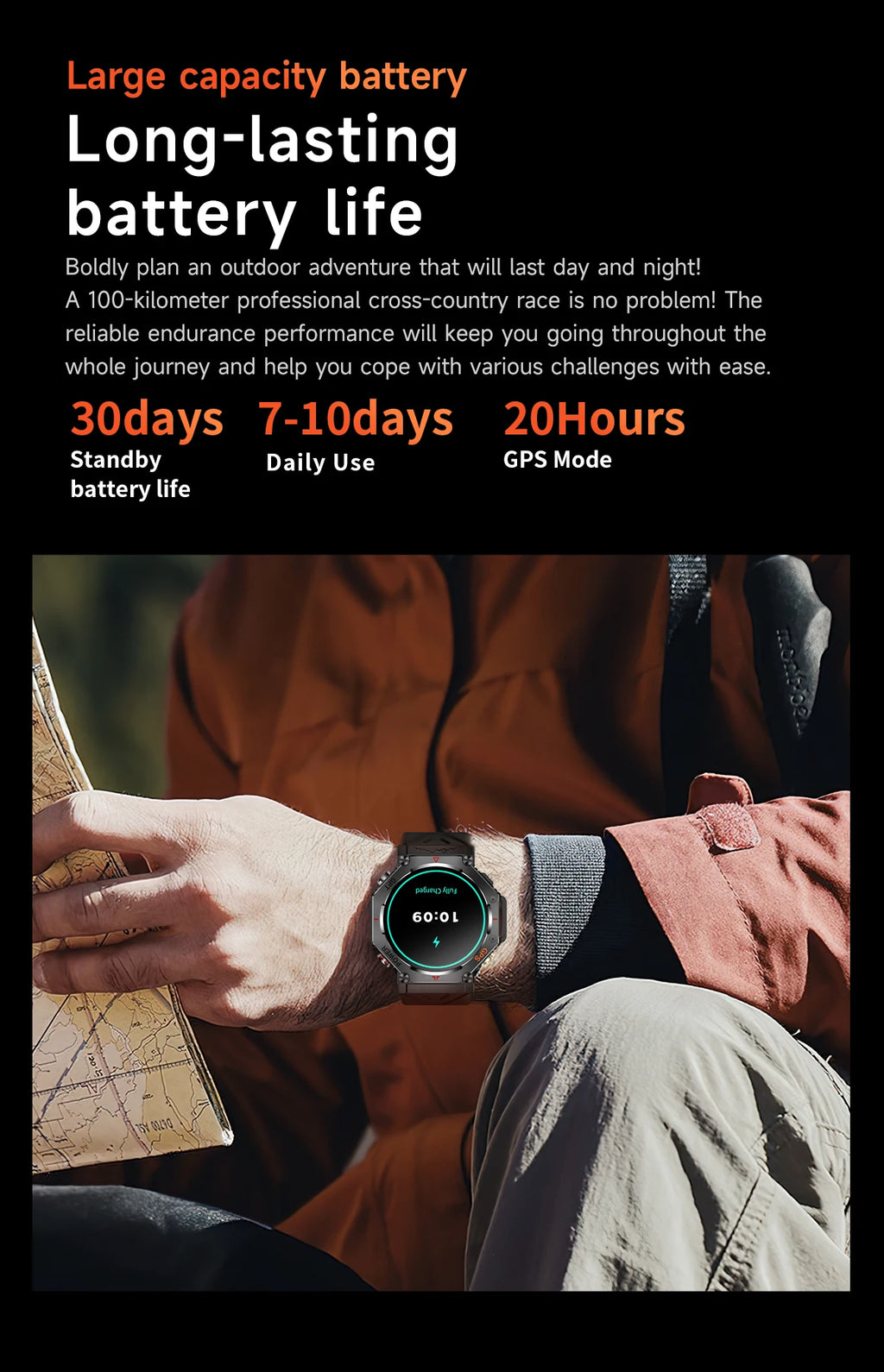 Military Grade GPS Smart Watch – IP69K/10ATM Waterproof AMOLED, 100+ Sports Modes, HD Bluetooth Calls