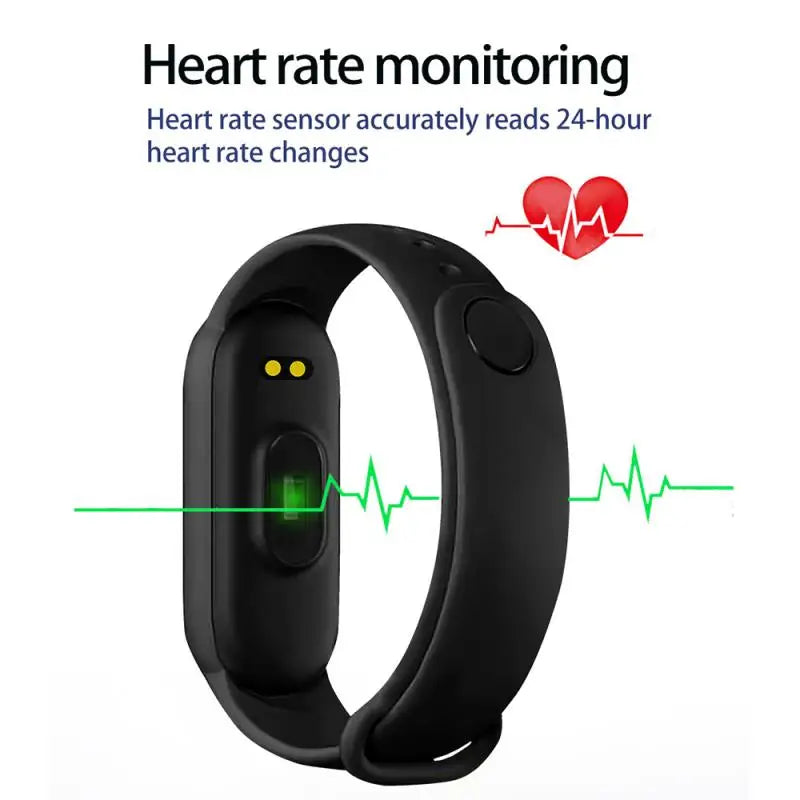 Smart fitness bracelet by Home Sweet Home showing a sleek black band and digital display on a wrist.