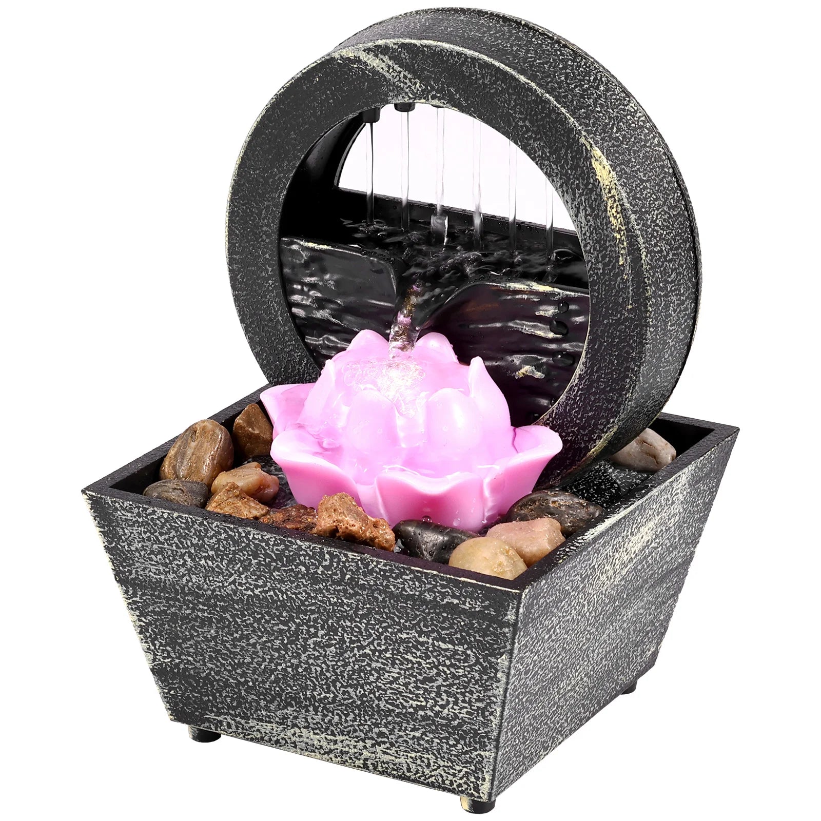 Home Sweet Home tabletop waterfall fountain with soft LED lights, featuring flowing water and a decorative stone base.
