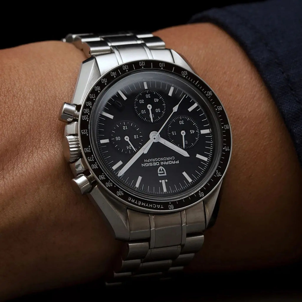PAGANI DESIGN Moonwatch Chronograph Watch with black dial and stainless steel band, detailed close-up image.