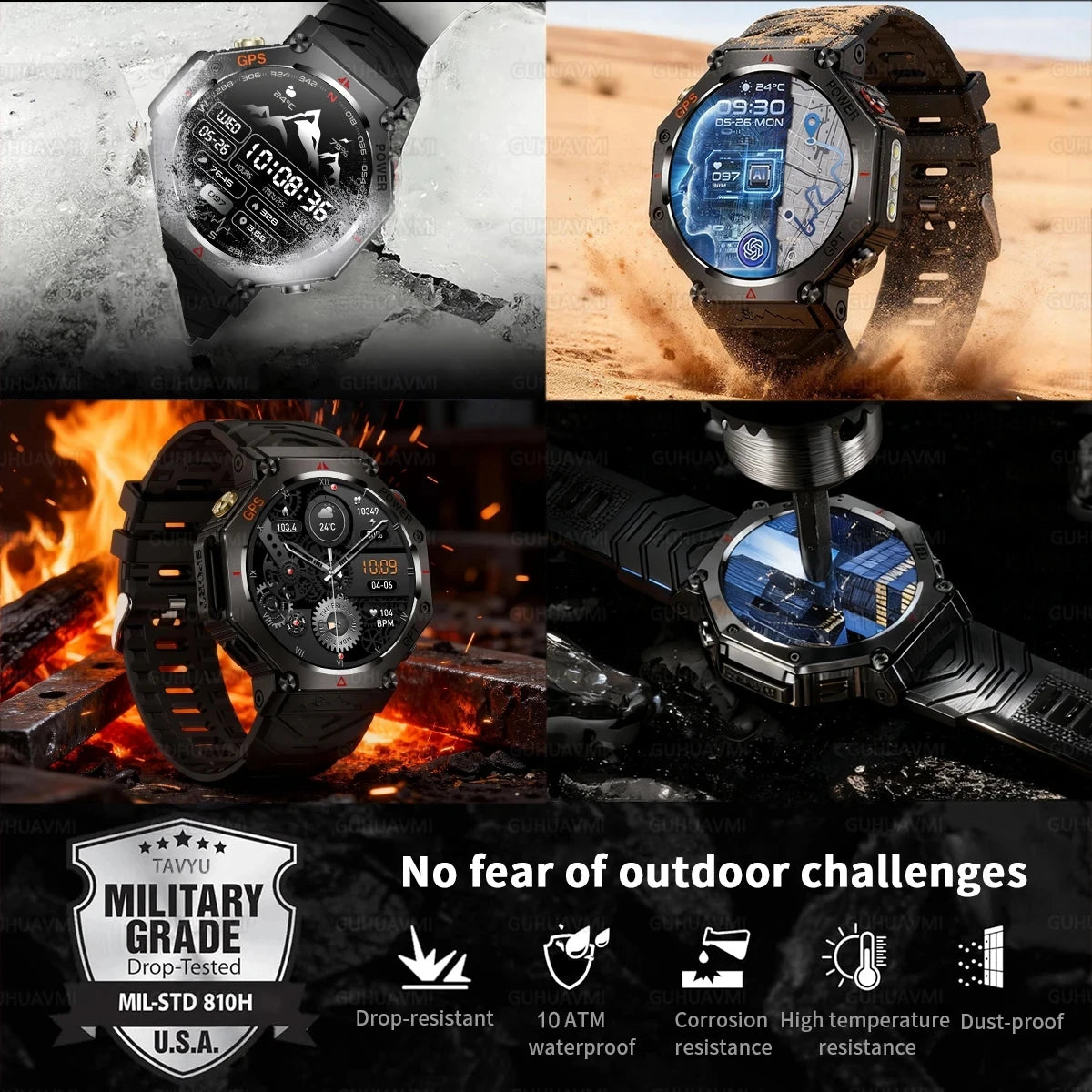 Military Grade GPS Smart Watch – IP69K/10ATM Waterproof AMOLED, 100+ Sports Modes, HD Bluetooth Calls