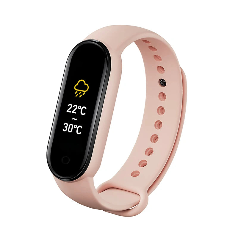 Smart fitness bracelet by Home Sweet Home with a sleek black band and digital display for activity tracking and health monitoring.