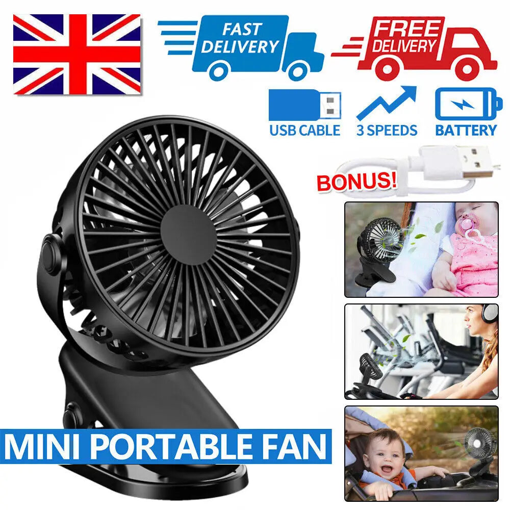 Portable clip-on mini fan by Home Sweet Home, showing a compact fan attached to a surface with adjustable settings.