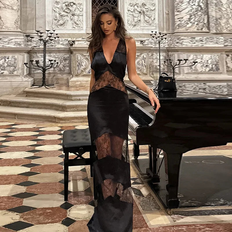 Elegant Lace Halter Maxi Dress – Backless Mermaid Evening Gown