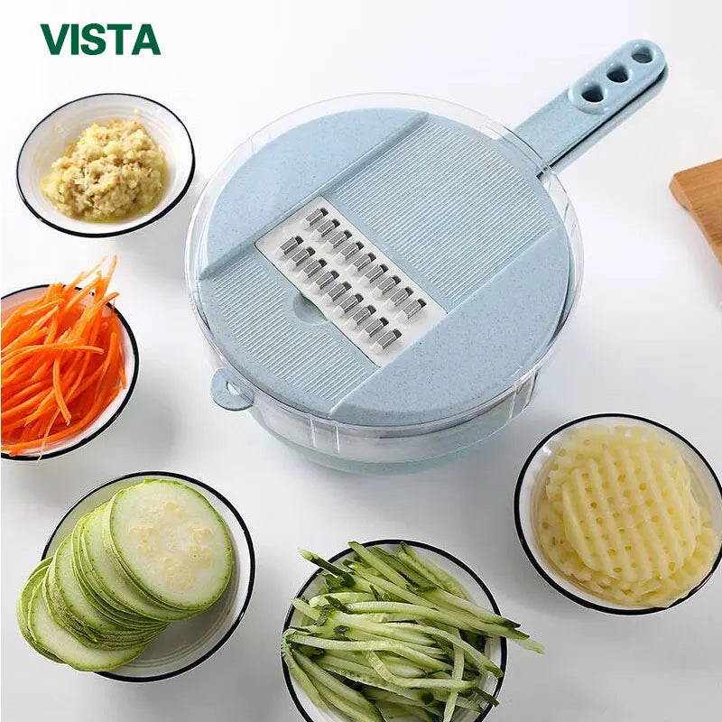 Home Sweet Home multifunctional vegetable chopper with stainless steel blades and colorful plastic container for easy food prep.