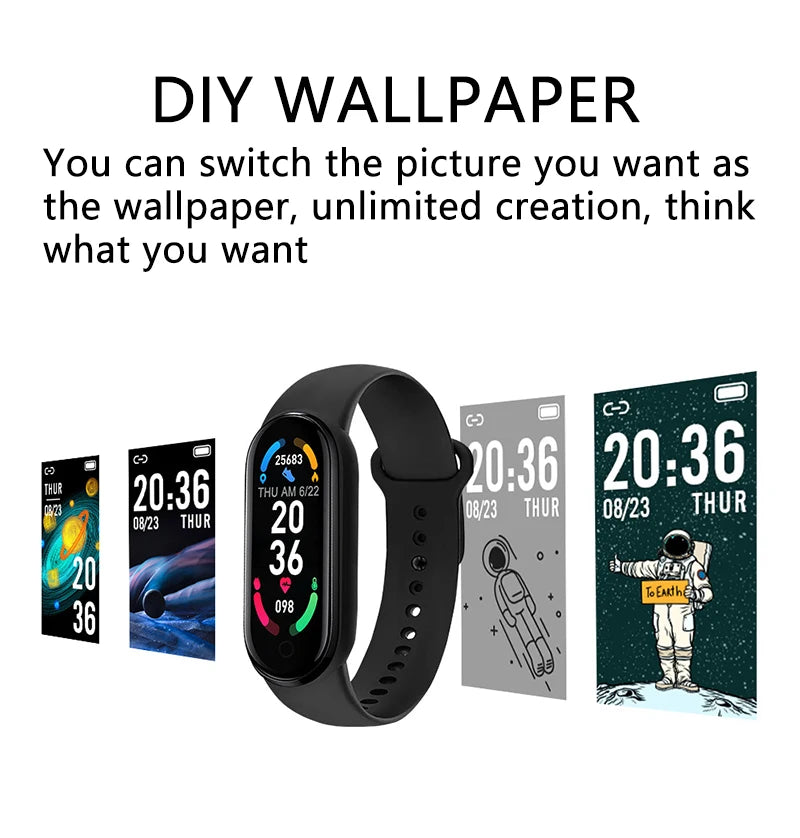 Smart fitness bracelet by Home Sweet Home with a sleek black band and digital display showing health metrics.
