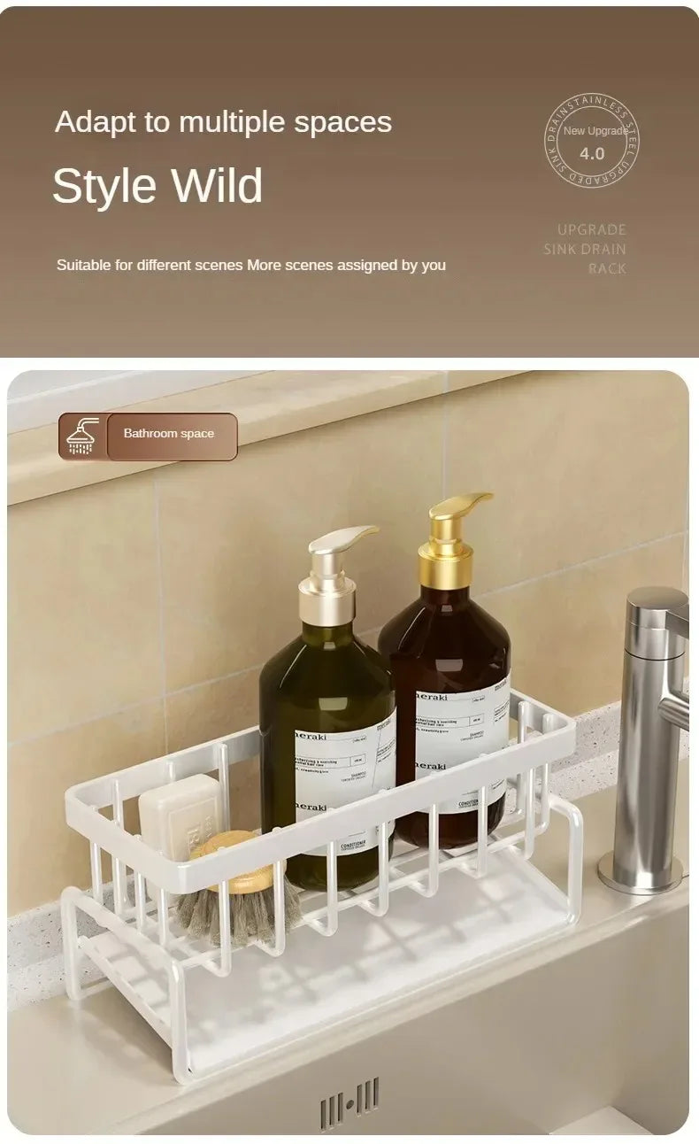 Kitchen Sink Drain Rack & Storage Shelf – No-Drill ABS Organiser with Towel Bar & Drip Tray