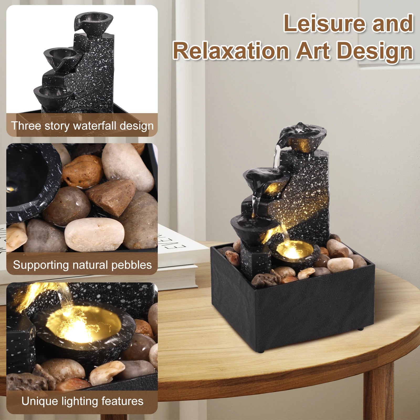 Home Sweet Home tabletop waterfall fountain with soft LED lights, featuring a calming water feature for desktop decor.