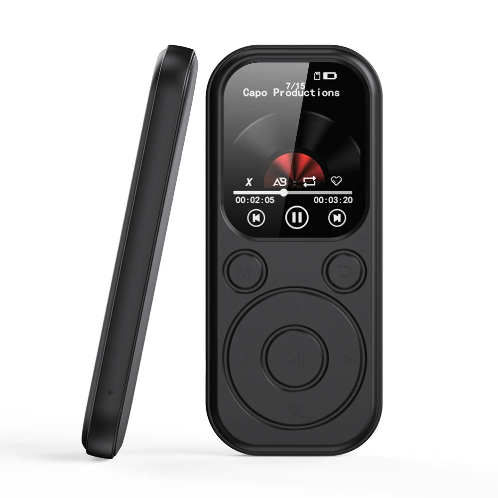 Slim Home Sweet Home MP3 player with Bluetooth 5.4, FM radio, eBook reader, and voice recorder feature, shown with display and controls.