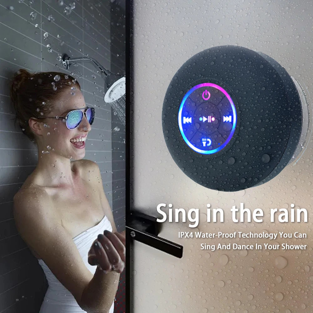 Portable Bluetooth Speaker with LED Light & Suction Cup — IPX4 Waterproof