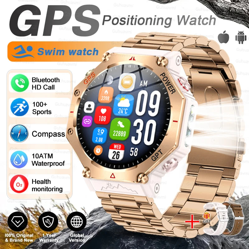 Military Grade GPS Smart Watch – IP69K/10ATM Waterproof AMOLED, 100+ Sports Modes, HD Bluetooth Calls