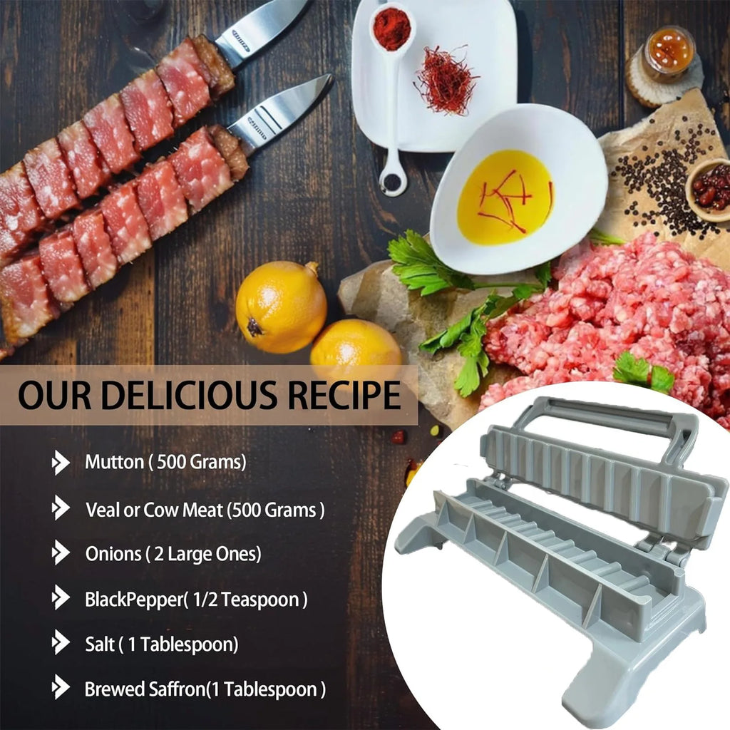 Home Sweet Home BBQ Kebab Skewer Maker, reusable meat skewer press machine with handles for easy kebab assembly.