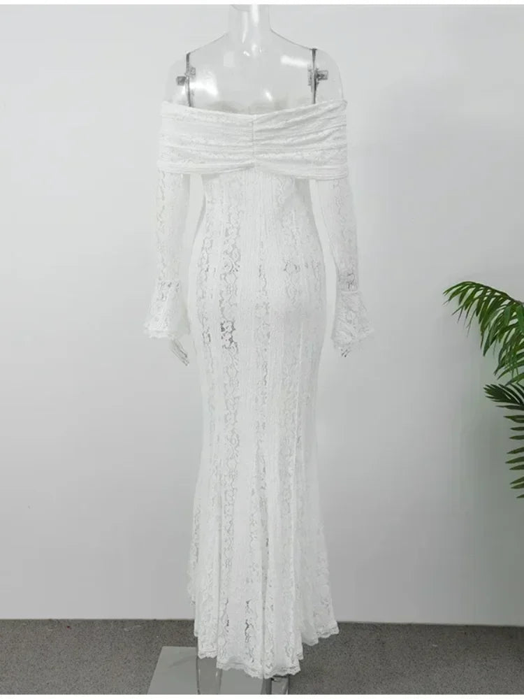 Lace Flare Sleeve Off-Shoulder Maxi Dress – Elegant Mermaid Floor-Length Gown
