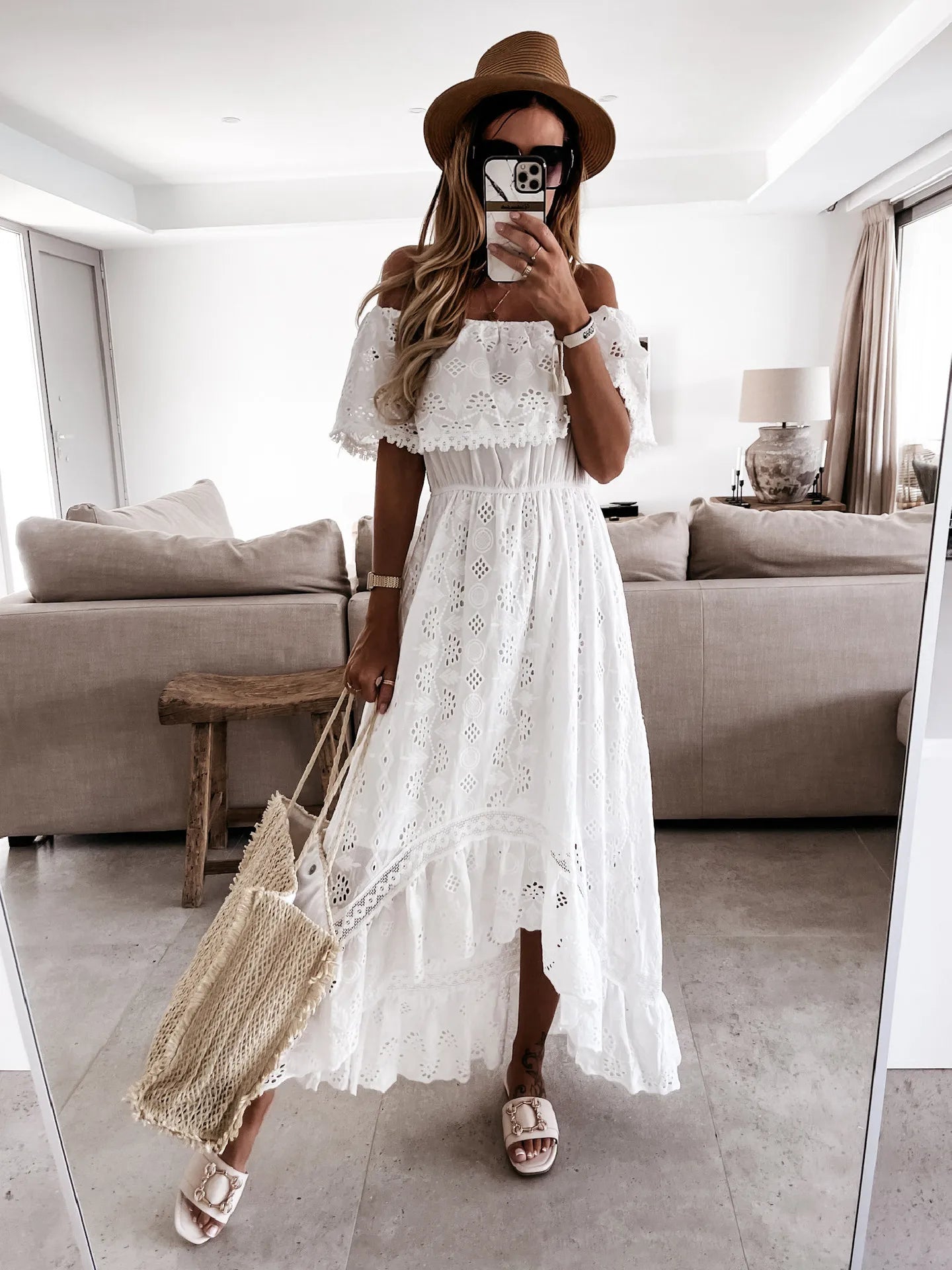 Bohemian Lace Maxi Dress — Strapless, High Waist, Tassel Hem