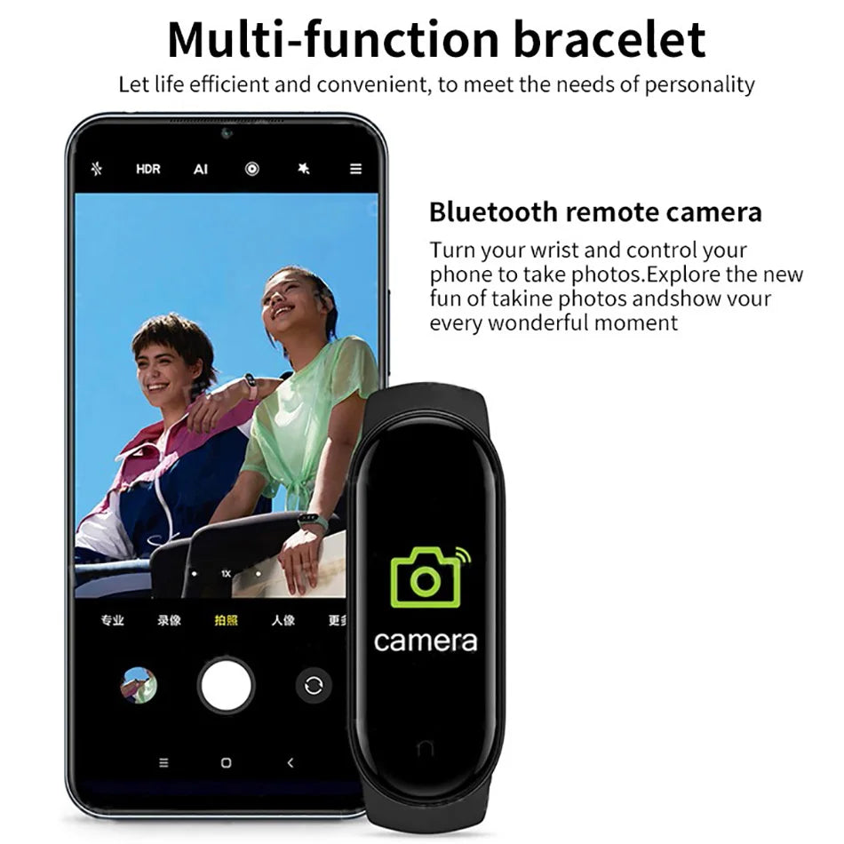 Smart fitness bracelet by Home Sweet Home showing a sleek black band with digital display and fitness tracking features.