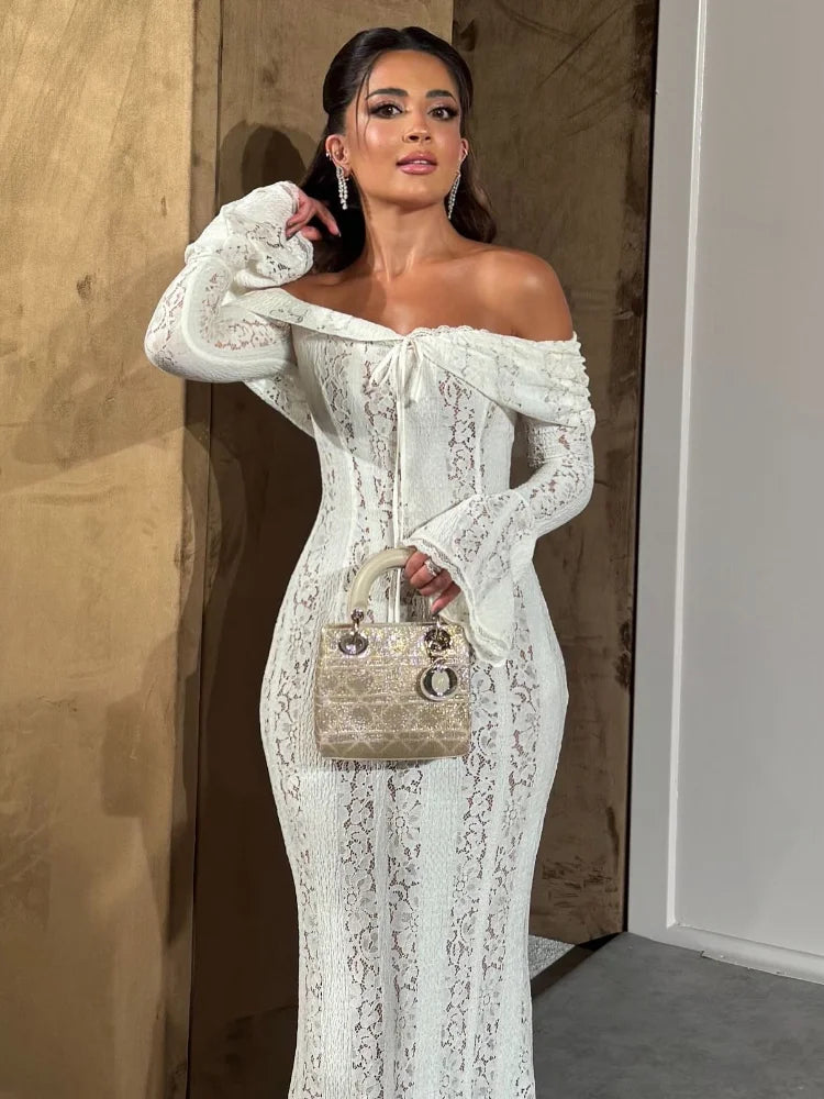 Lace Flare Sleeve Off-Shoulder Maxi Dress – Elegant Mermaid Floor-Length Gown