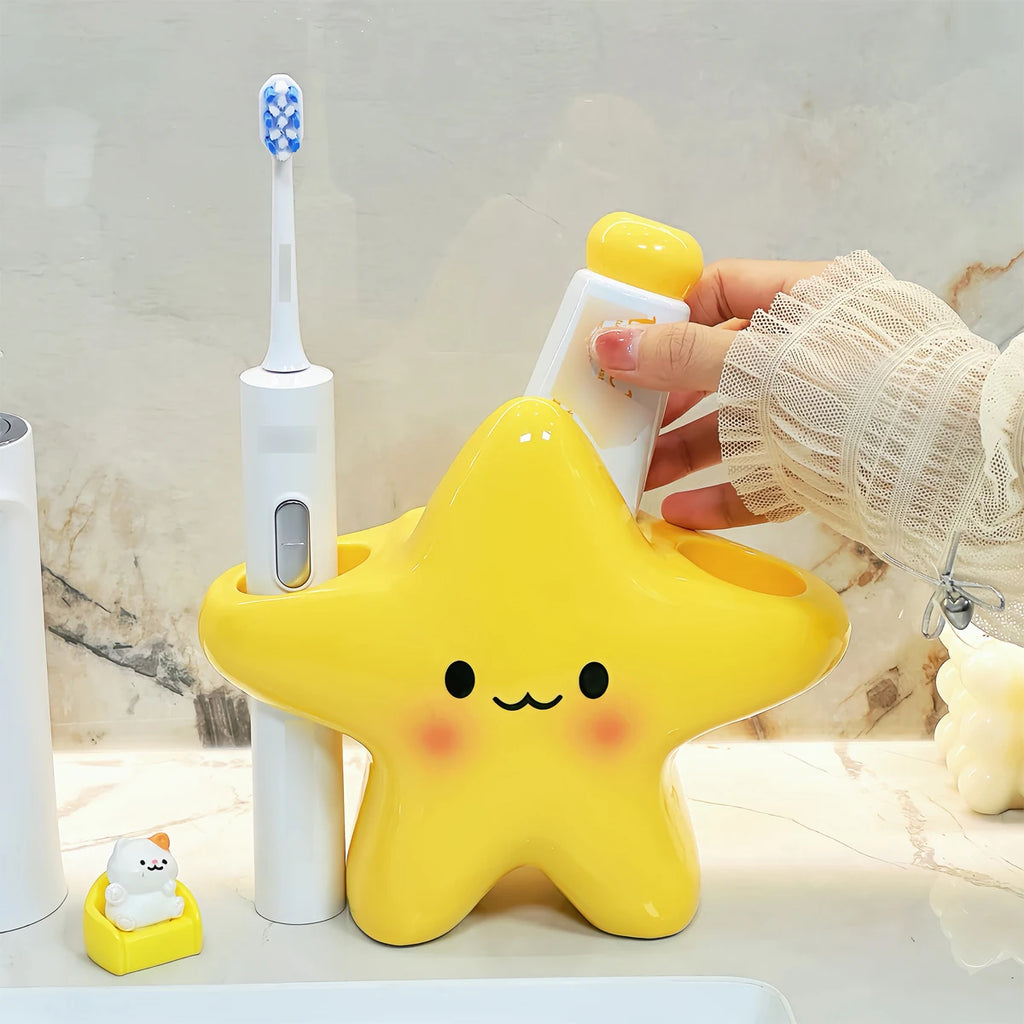 Star-Shaped Toothbrush Holder – Freestanding Bathroom Organiser with Cute Face Design