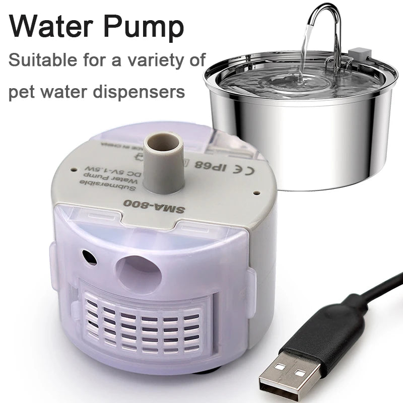 Home Sweet Home cat water fountain replacement pump with cleaning brush, USB silent motor for quiet operation and fresh water flow.