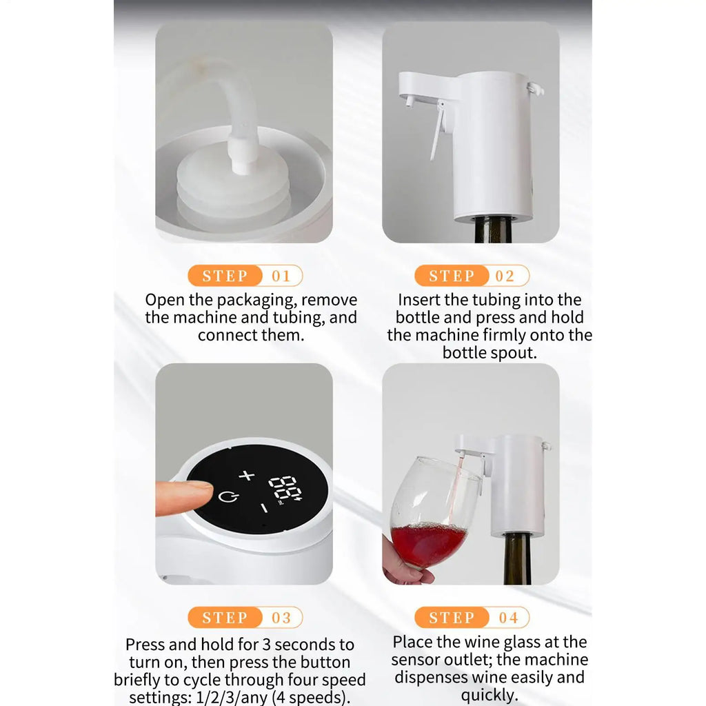 Home Sweet Home electric wine aerator and dispenser with touch screen and four pouring modes, shown in use with a wine bottle.