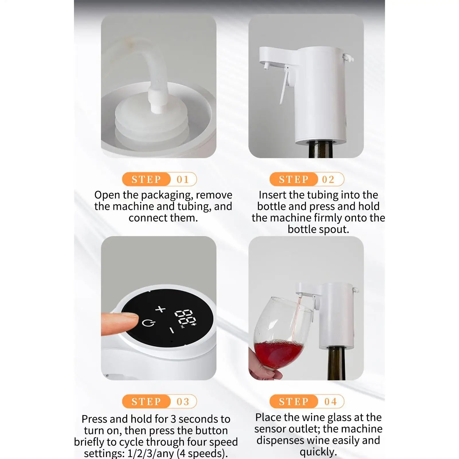 Home Sweet Home electric wine aerator and dispenser with touch screen and four pouring modes, shown in use with a wine bottle.