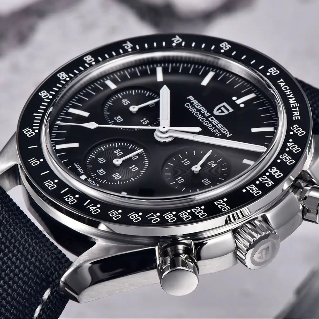Home Sweet Home PAGANI DESIGN Moonwatch Chronograph Watch with black dial, stainless steel case, and chronograph subdials.