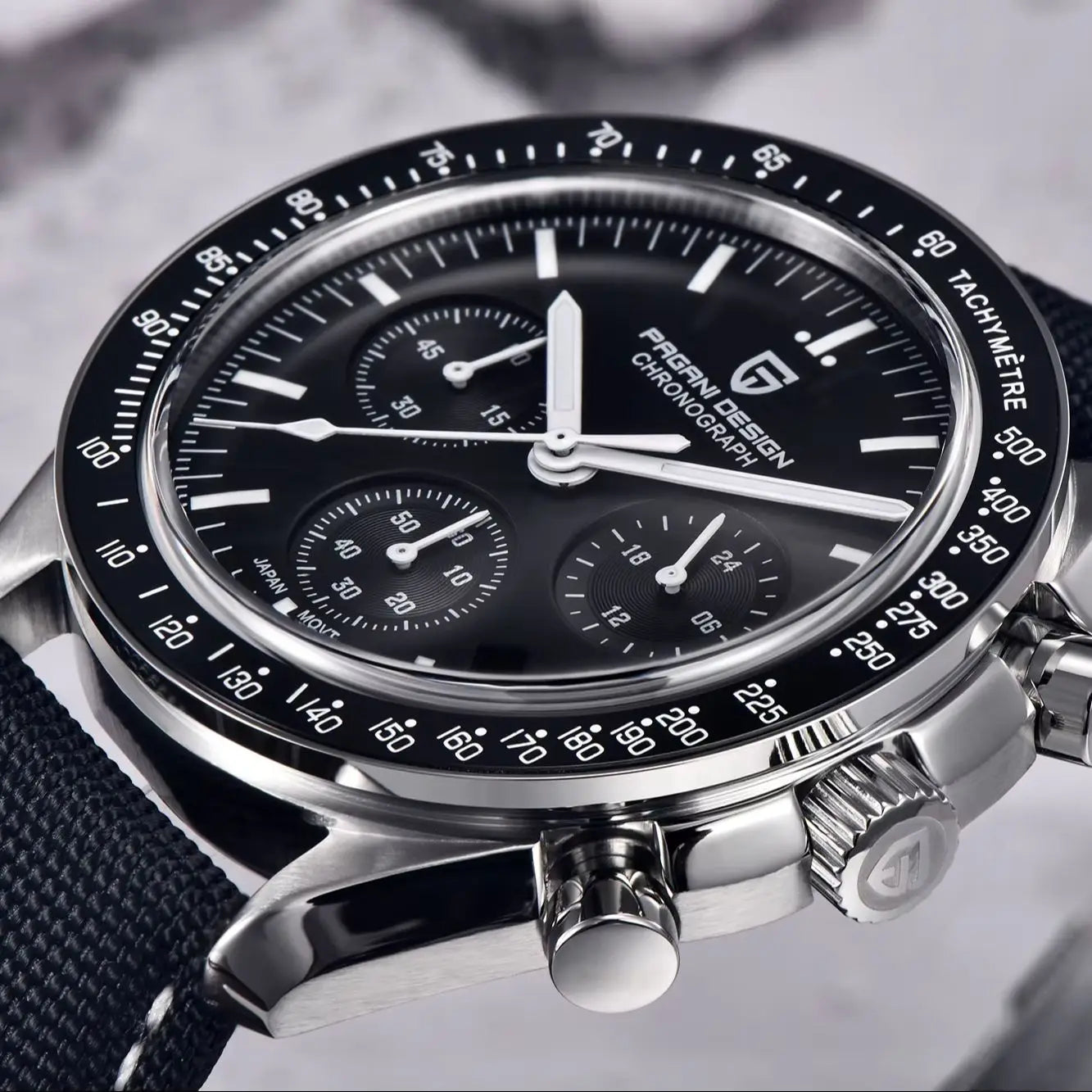 Home Sweet Home PAGANI DESIGN Moonwatch Chronograph Watch with black dial, stainless steel case, and chronograph subdials.