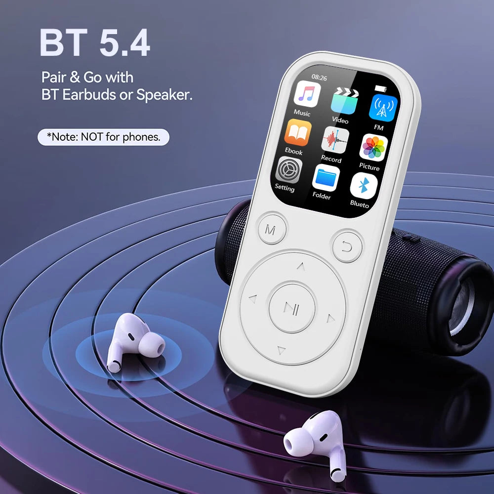 Home Sweet Home Slim MP3 Player with Bluetooth 5.4, FM radio, eBook reader, and voice recorder, featuring a sleek compact design.