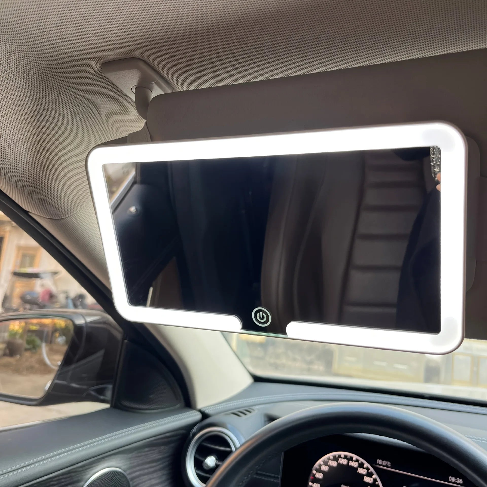 LED rechargeable car sun visor vanity mirror by Home Sweet Home showing illuminated mirror with compact design