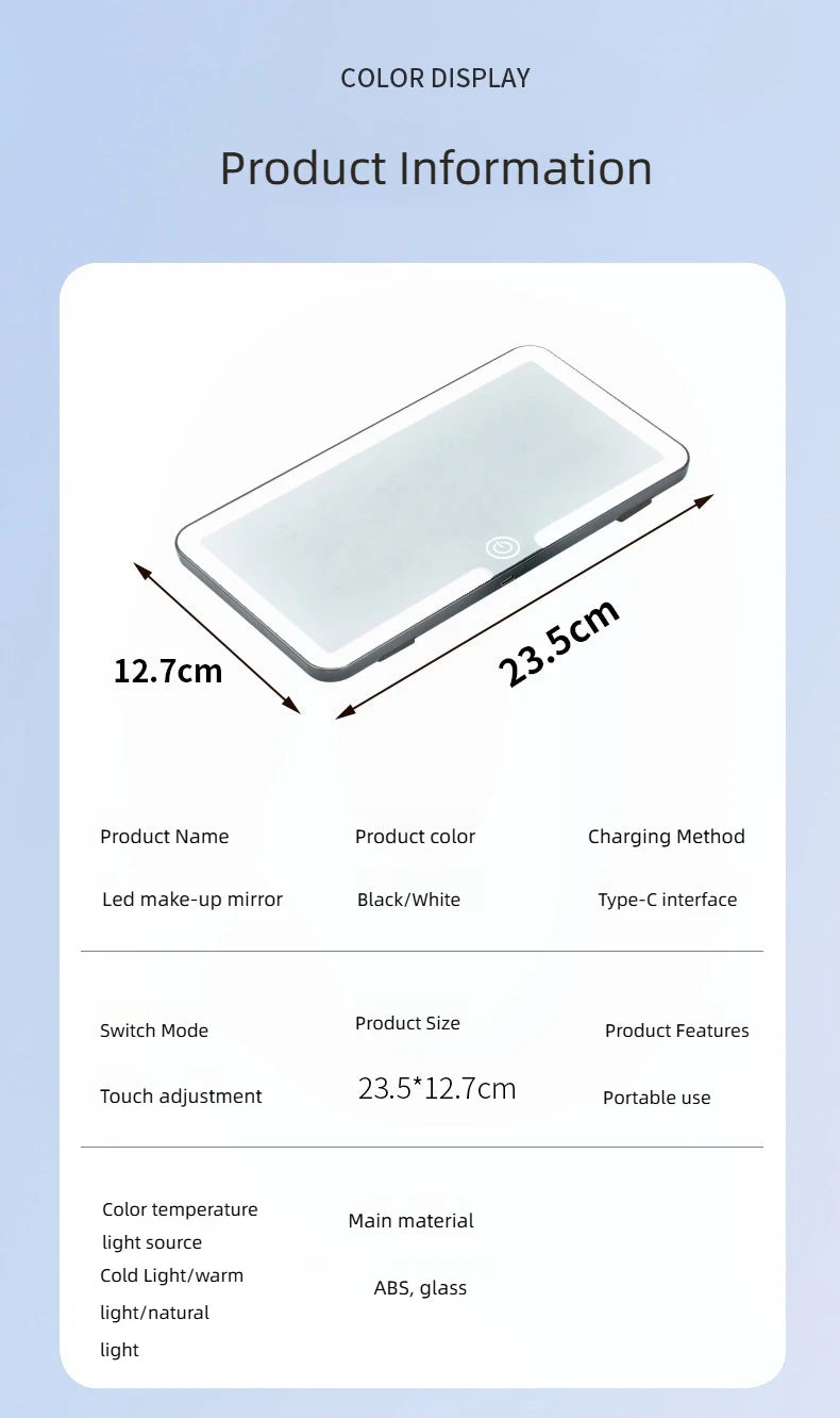 LED rechargeable car sun visor vanity mirror with built-in lights, compact design, and mirror surface for on-the-go grooming.