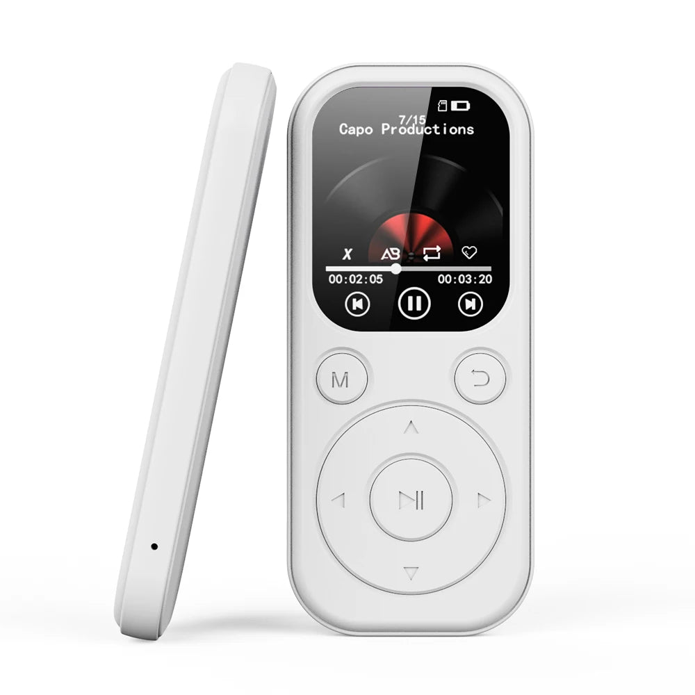 Slim Home Sweet Home MP3 Player with Bluetooth 5.4, FM radio, eBook reader, and voice recorder, shown in a sleek black design.