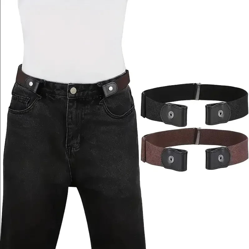 Traceless elastic belt with invisible stretch waistband for men and women, shown in close-up on a neutral background.