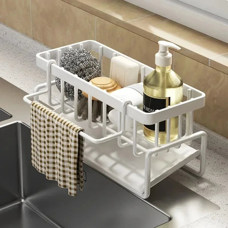 Kitchen Sink Drain Rack & Storage Shelf – No-Drill ABS Organiser with Towel Bar & Drip Tray