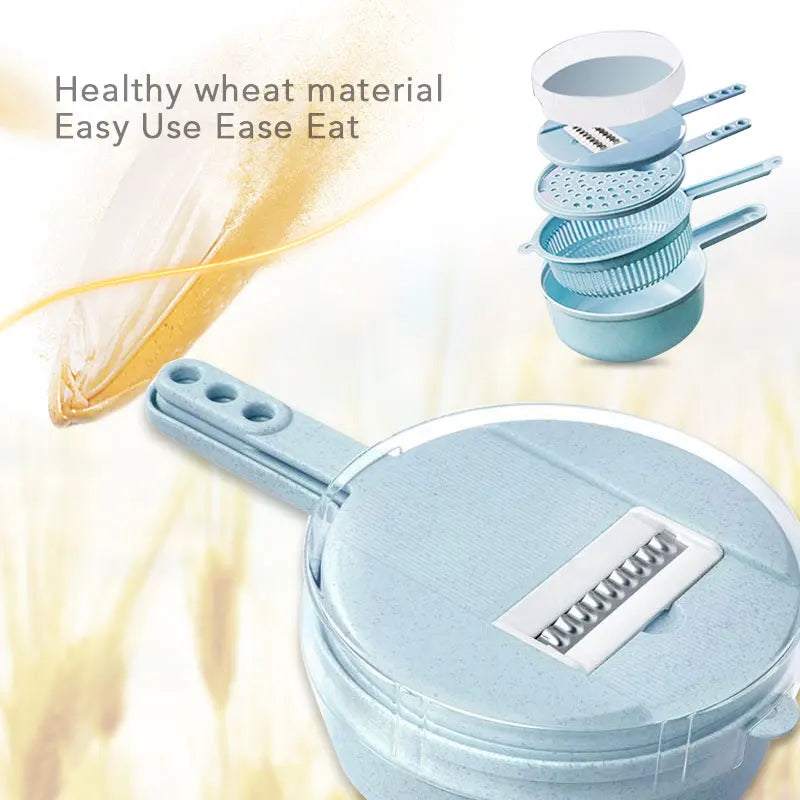 Multifunctional vegetable chopper from Home Sweet Home with stainless steel blades and colorful plastic container for easy food prep.