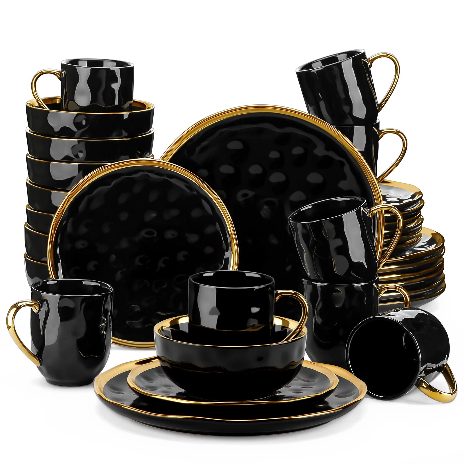 LOVECASA Black Porcelain Dinnerware Set with Gold Trim – 16 & 32 Piece