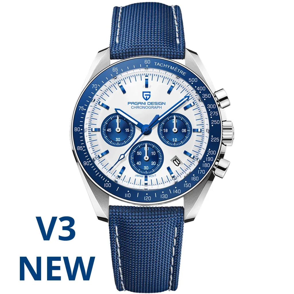 Home Sweet Home PAGANI DESIGN Moonwatch Chronograph Watch with black dial and stainless steel band on a white background.